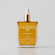 Flacon Riznaissance Oil de Galladria Paris, huile capillaire 50 ml avec pipette dorée, sur fond gris clair